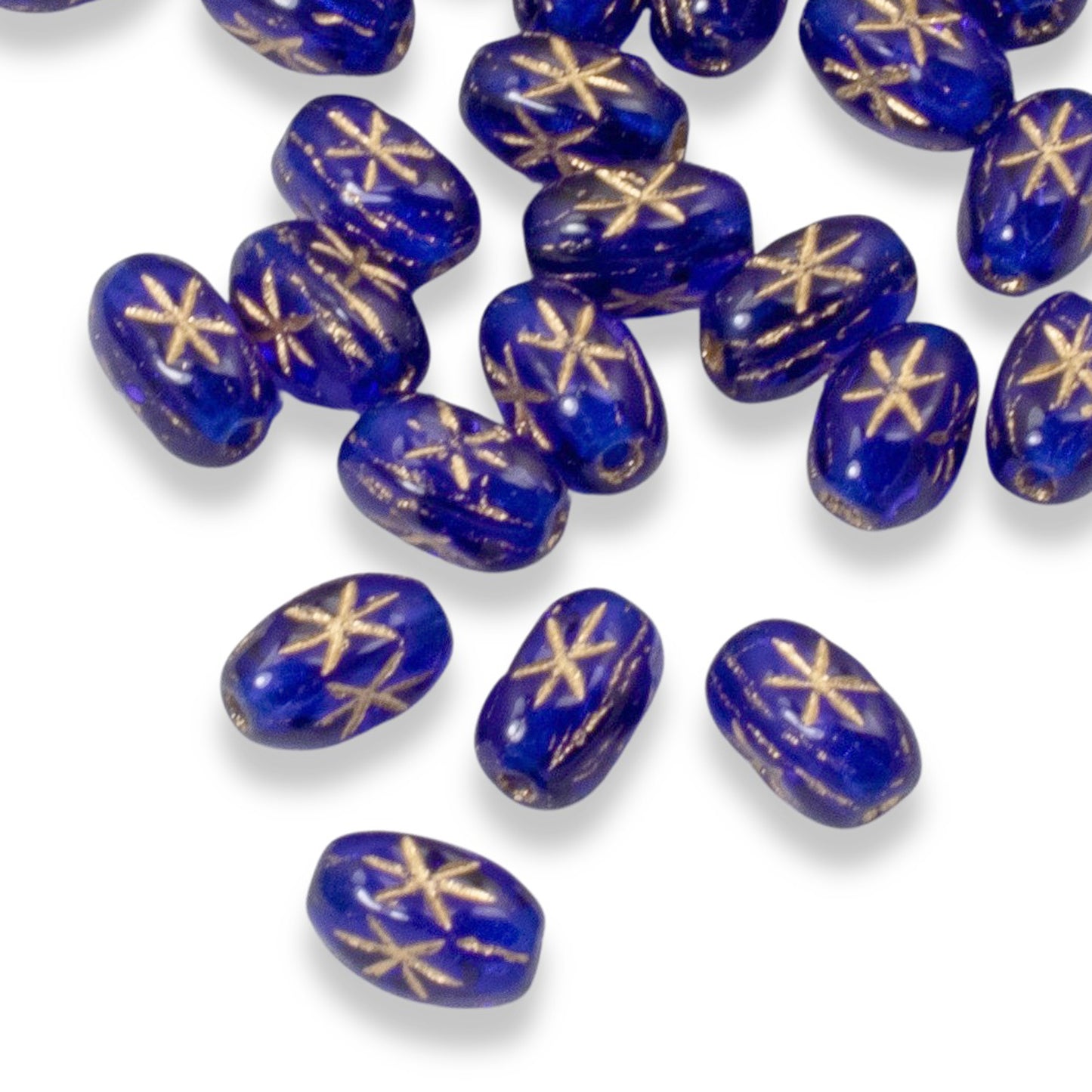 100pcs Cobalt Blue Czech Glass Rice Beads, 6x4mm, Gold Celestial Star Design