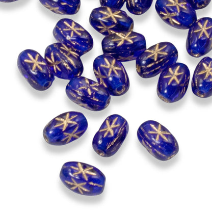 100pcs Cobalt Blue Czech Glass Rice Beads, 6x4mm, Gold Celestial Star Design