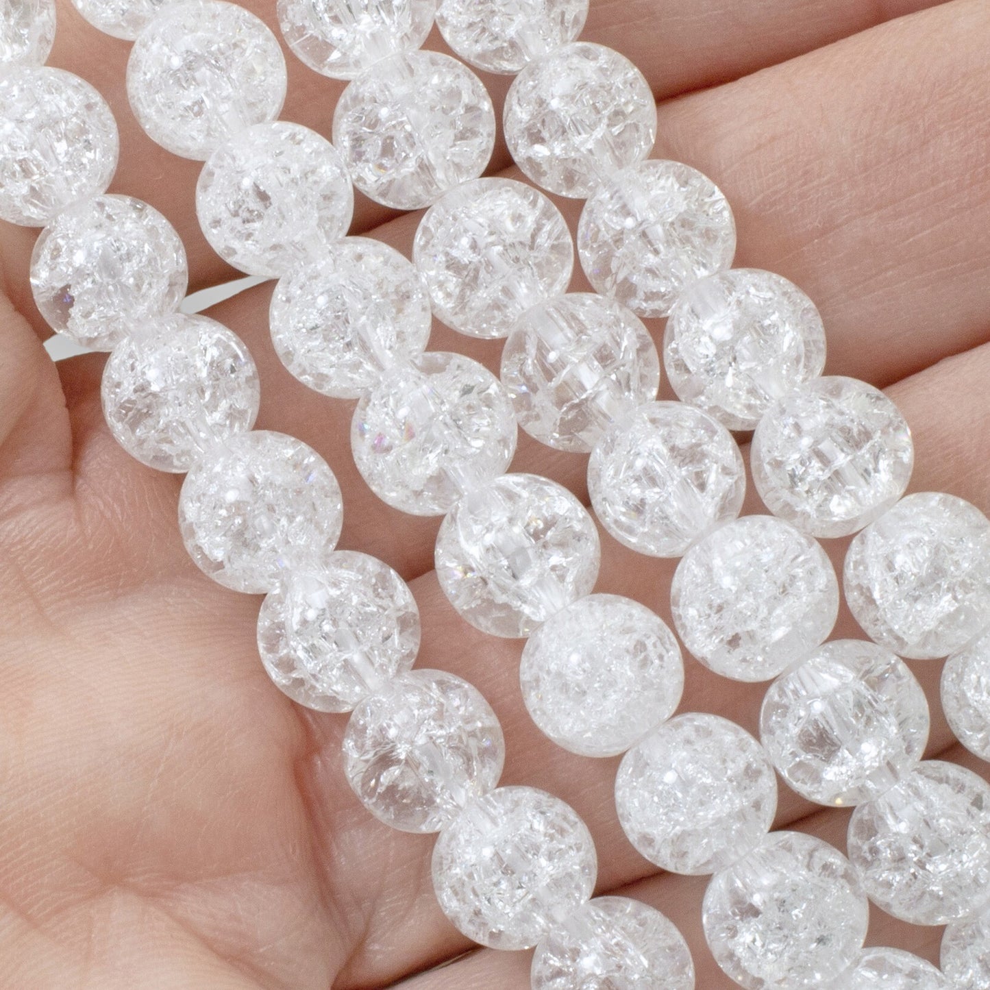 Winter Glass Beads, 8mm White Crackle Beads, Holiday Christmas Ornament DIY