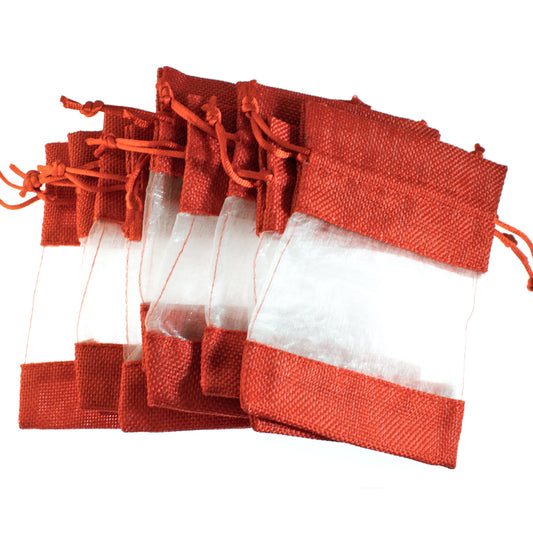 10 Festive Red Fabric Drawstring Bags, Small Gift, Treats, Party Favor Pouch