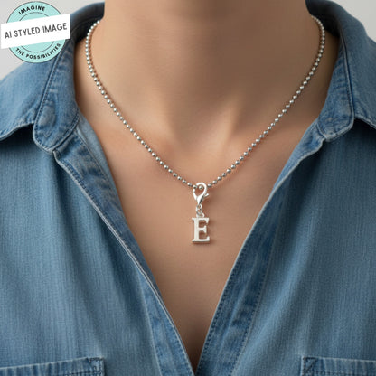 Silver Letter E Charm, Initial Alphabet Clip-On, Personalized Jewelry, Custom Initial Charm