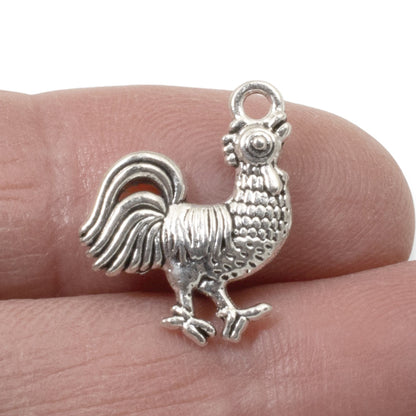Silver Rooster Charms, 10-Pack Farm Chicken Country Jewelry Making Pendants