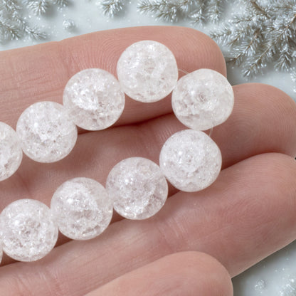 Snowy White Crackle Beads, 30-Pack Winter Glass Beads 10mm, Holiday Jewelry DIY