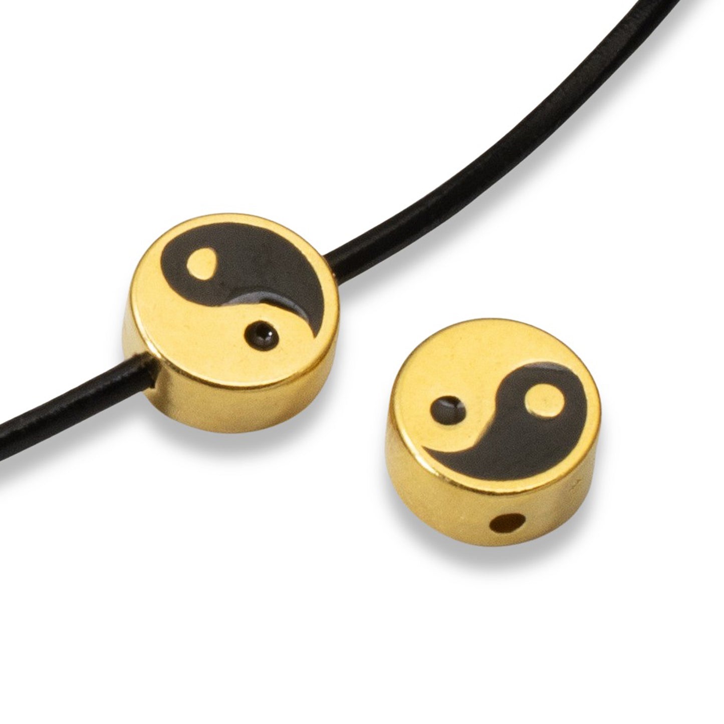 Yin Yang Beads, 2Pc 24k Gold Plated + Black Enamel, Meditation Balance Symbol