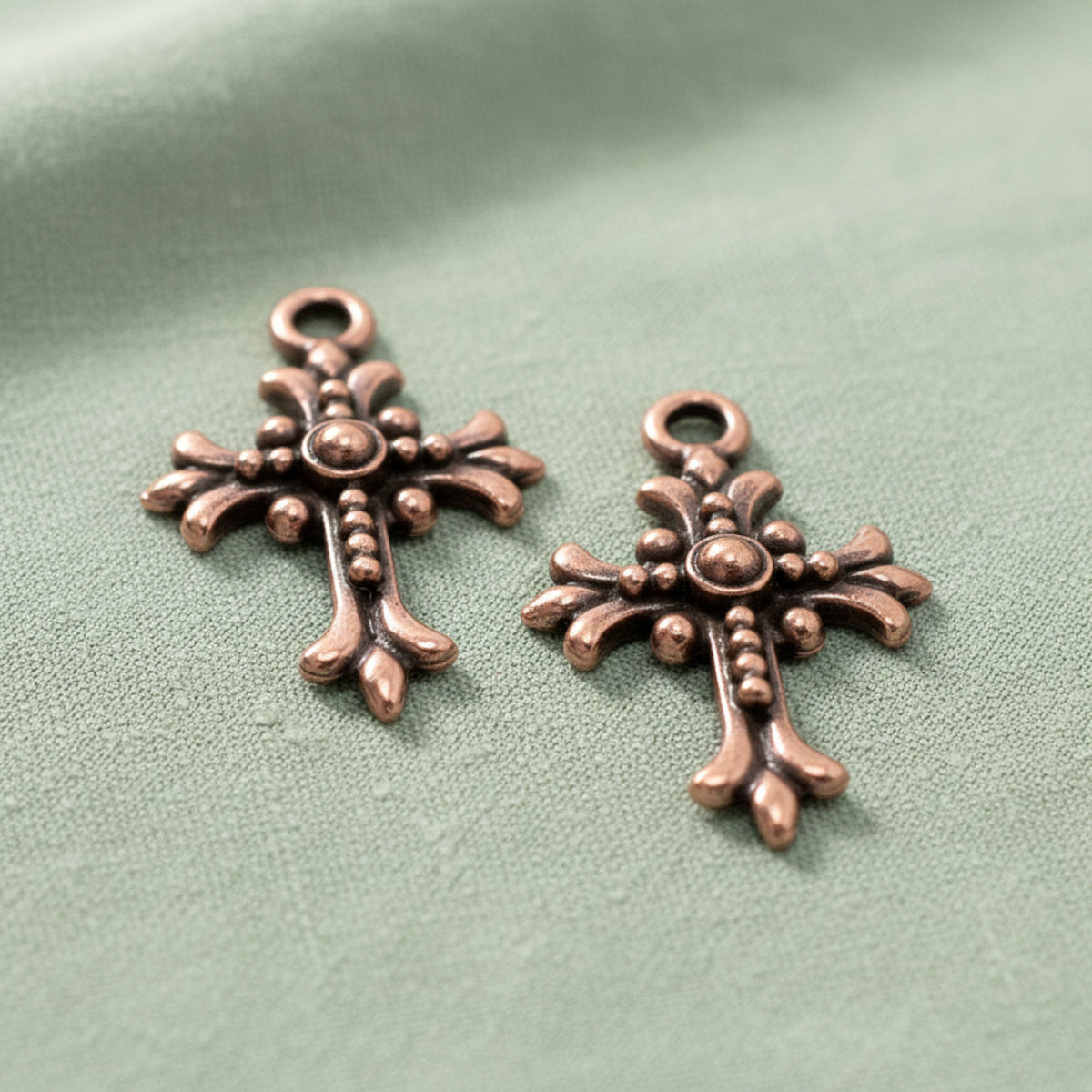 Fleur Cross Charms: Antique Copper Faith Necklace Rosary Pendant 2-Pack