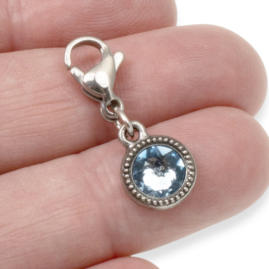 March Birthstone Clip-On Charm, Aquamarine European Crystal + Lobster Clasp, Unique Present for Birthday, Small Gift Idea