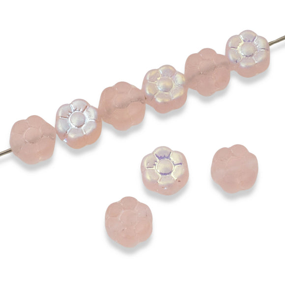 50 Peachy Pink AB Daisy Flower Beads - 6mm Czech Glass Beads - Iridescent Matte Finish
