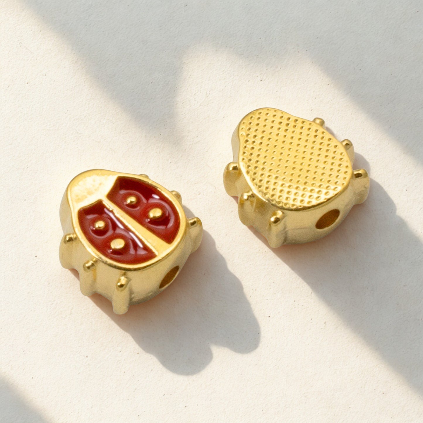 Red Enamel Ladybug Beads, 2Pc 24k Gold Plated, Spring Garden Nature Jewelry
