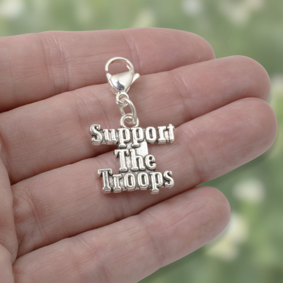 Support the Troops Clip-On Charm, Silver Metal Alloy, Lobster Clasp, 1.5 Inch