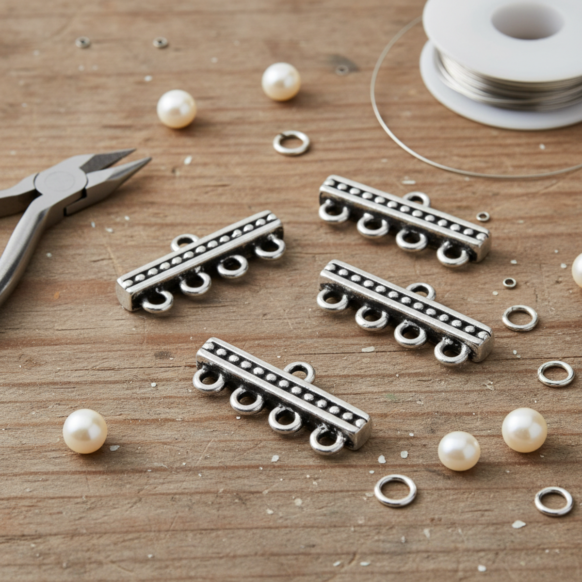 Hackberry Creek silver-plated pewter 4-to-1 beaded connector links for multi-strand jewelry on a wooden table