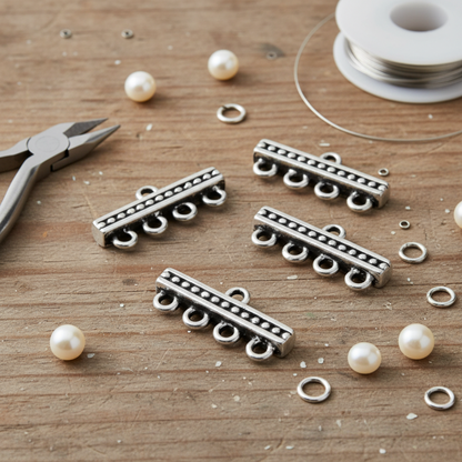 Hackberry Creek silver-plated pewter 4-to-1 beaded connector links for multi-strand jewelry on a wooden table