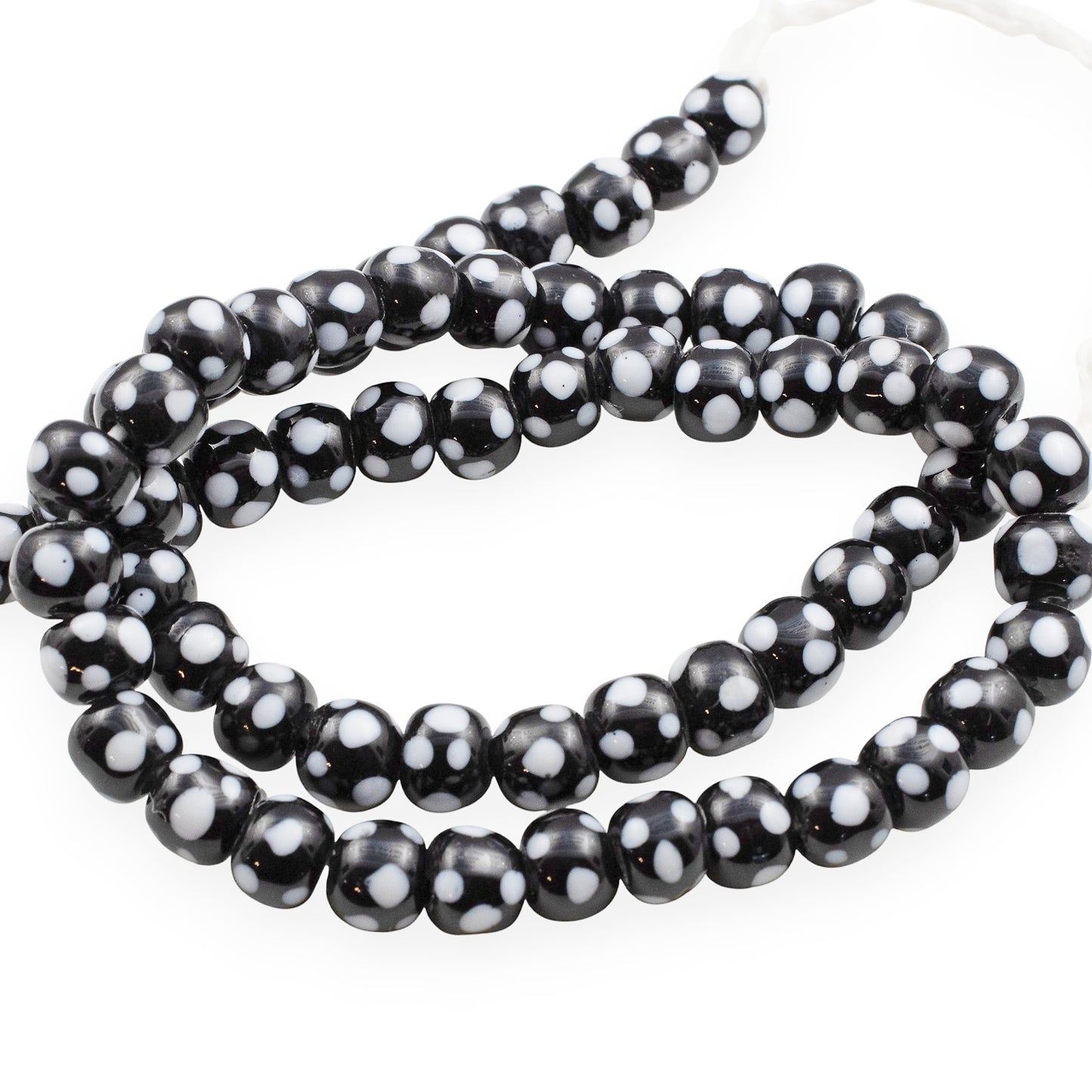 Black Glass Lampwork Beads with Light Gray Dots, Handmade Indonesian Beads, 6-8mm Round, 17" Strand 60-65 Beads