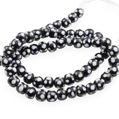 Black Glass Lampwork Beads with Light Gray Dots, Handmade Indonesian Beads, 6-8mm Round, 17" Strand 60-65 Beads