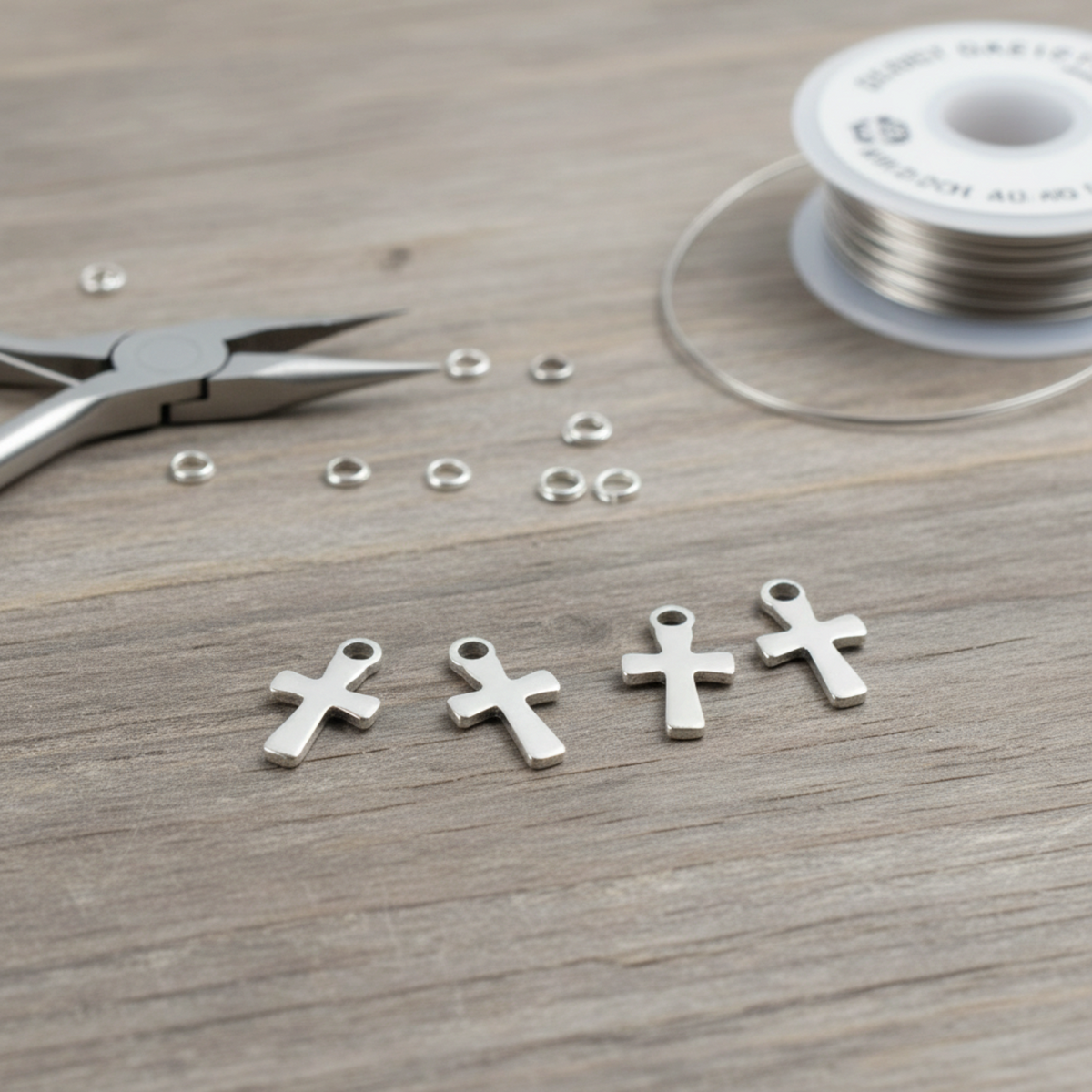 Hackberry Creek stainless steel mini cross charms for jewelry making on a wooden surface with pliers and wire