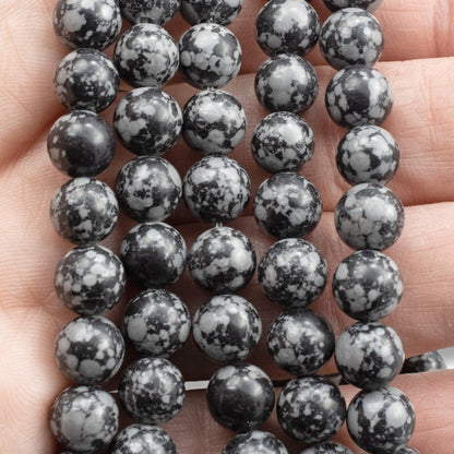 Snowflake Obsidian Beads: 8mm Round Black Gemstone Strand Natural Stone 48Pcs
