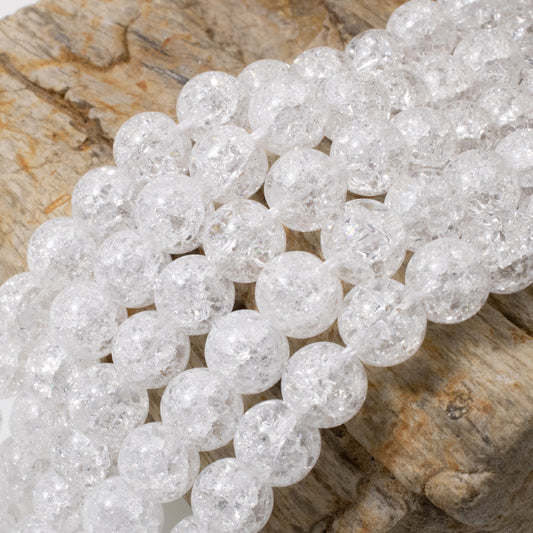 White 8mm Round Glass Crackle Beads, 15" Strand for Jewelry Making