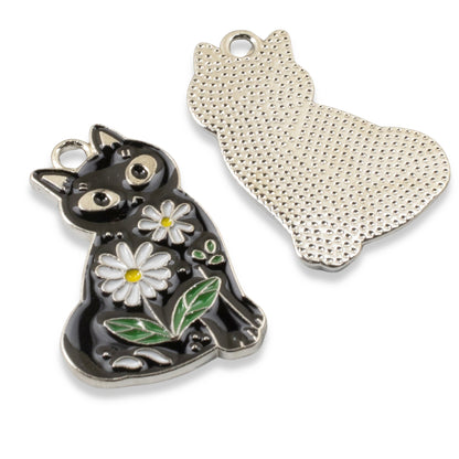 6 Whimsical Black Cat Charms - Daisy-Adorned Enamel Pendants - Cat Lover Gift