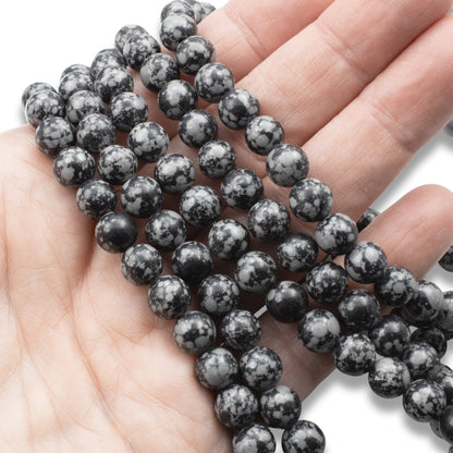 Snowflake Obsidian Beads: 8mm Round Black Gemstone Strand Natural Stone 48Pcs