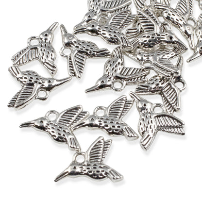 Silver Hummingbird Charms 20-Pack, Metal Nature Bird Jewelry Making Supply DIY Craft