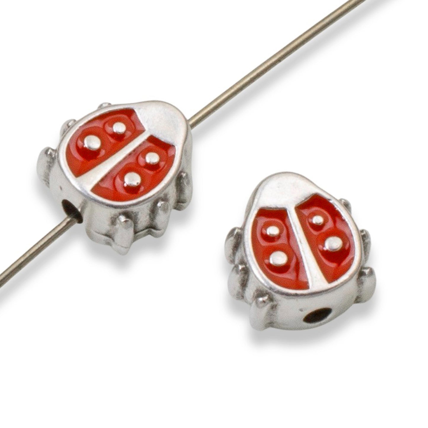 Red Enamel Ladybug Beads, 2Pc Fine Silver Plated, Spring Garden Nature Jewelry