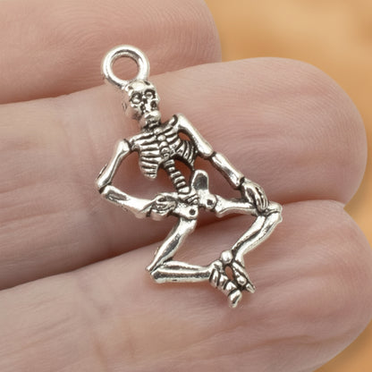 Dancing Skeleton Charms, Silver Gothic Pendants, Halloween Jewelry Supply 10-Pack