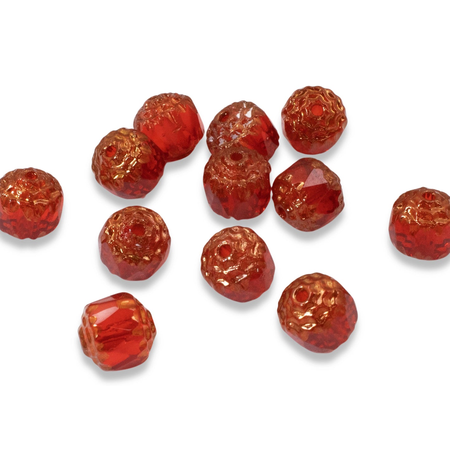 12 Faceted 8mm Crown Cathedral Beads - Siam Red + Bronze Ends - Czech Glass