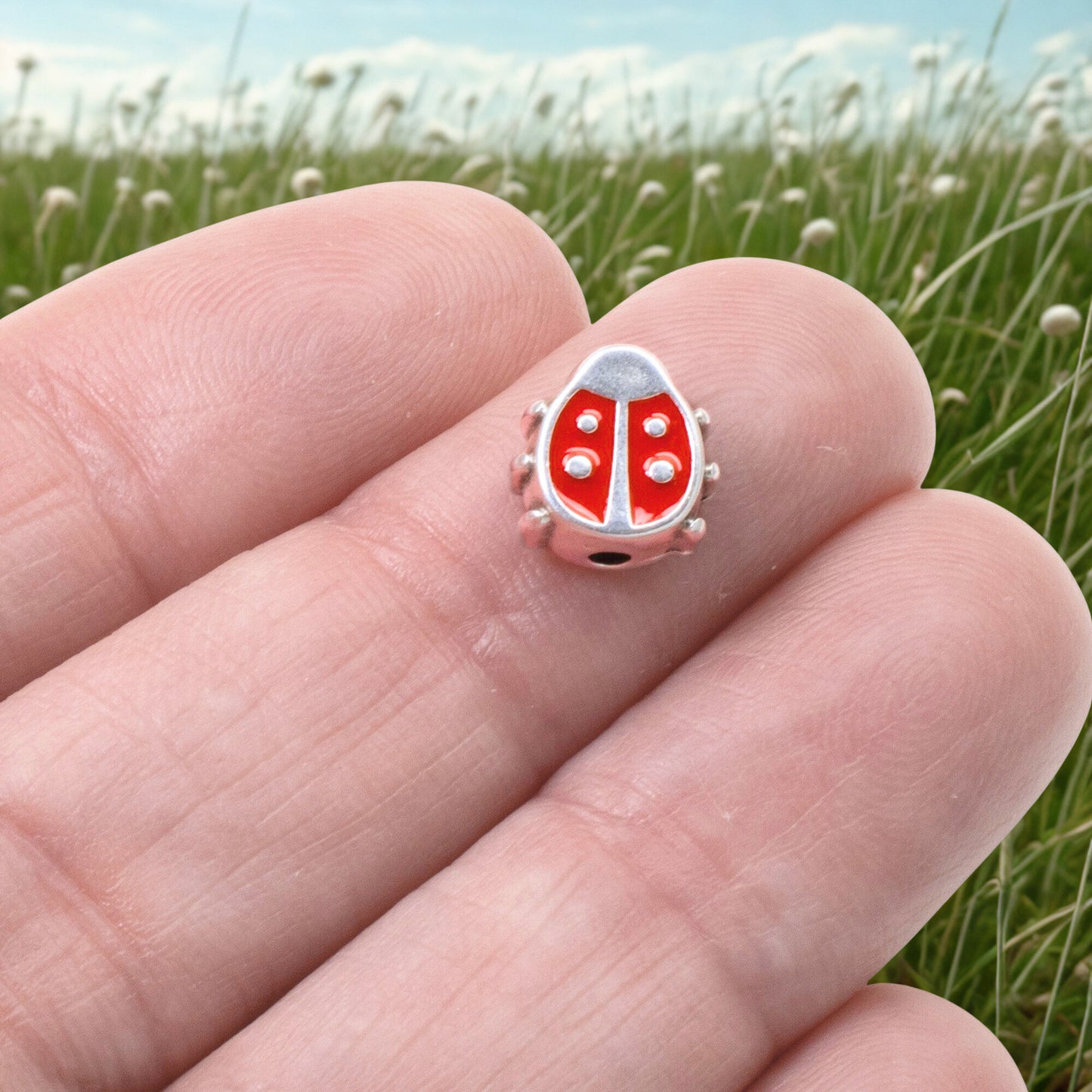 Red Enamel Ladybug Beads, 2Pc Fine Silver Plated, Spring Garden Nature Jewelry