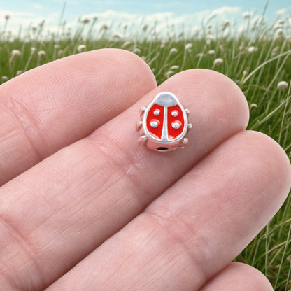 Red Enamel Ladybug Beads, 2Pc Fine Silver Plated, Spring Garden Nature Jewelry