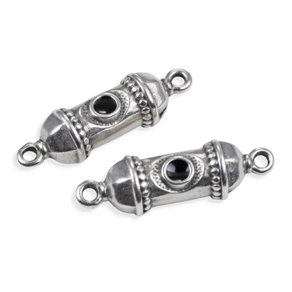 Silver Prayer Amulet Pendant 2Pcs, Antique Deco Connector with Black Enamel, Spiritual Jewelry Supply