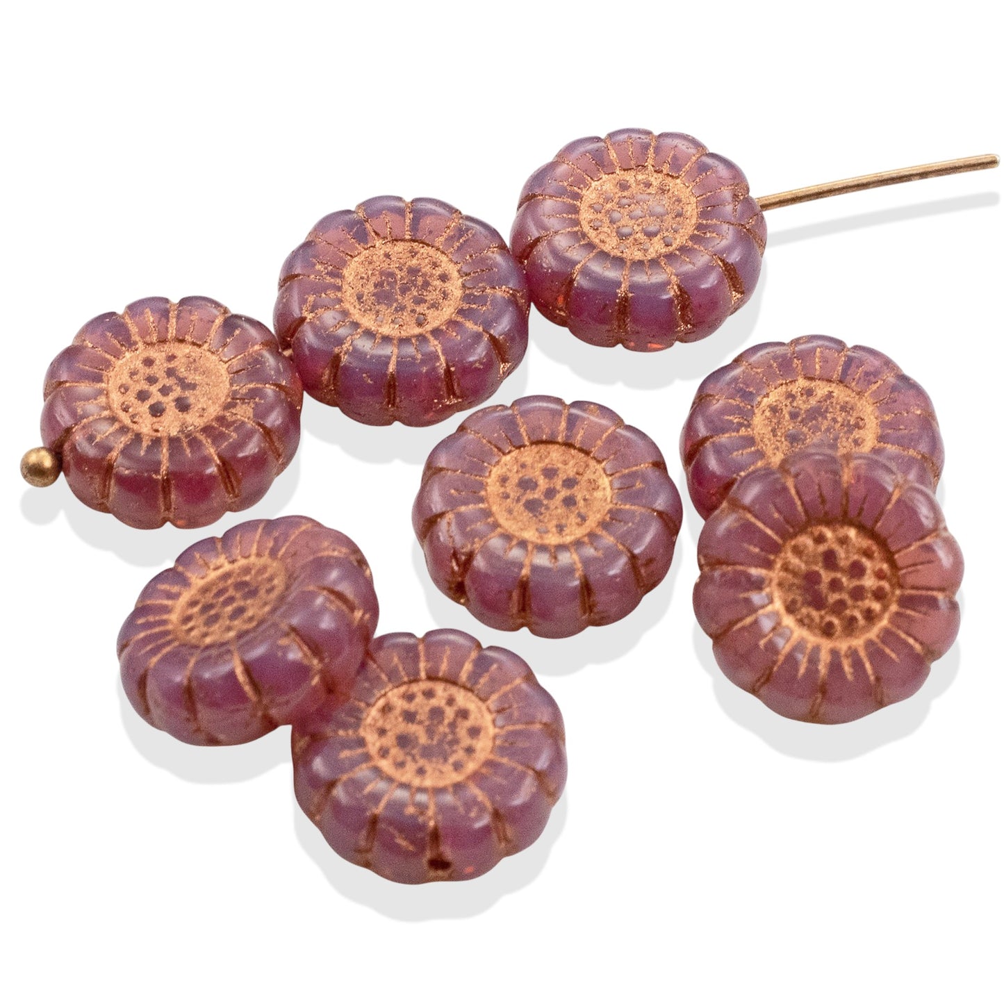Pink Opaline Sunflower Beads: Czech Glass 13mm Copper Wash 8-Pack Floral Jewelry