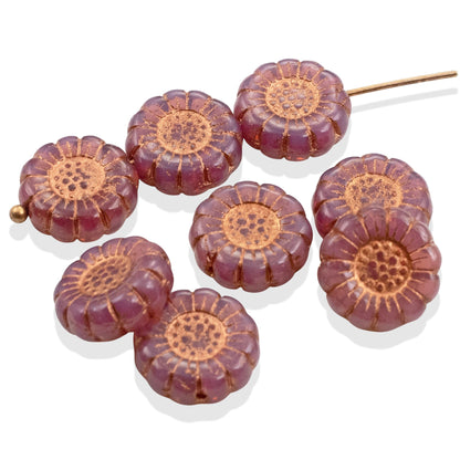Pink Opaline Sunflower Beads: Czech Glass 13mm Copper Wash 8-Pack Floral Jewelry