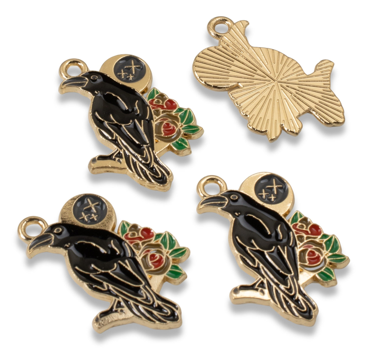 Black Raven + Moon & Rose Charms - 4-Pack Gothic Enamel Pendants for DIY Jewelry