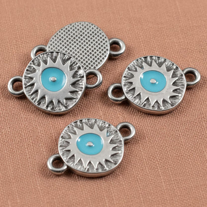 Silver Evil Eye Connector Charms: Antique Silver Aqua Enamel Round Links 4-Pack