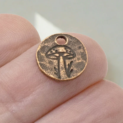 Mini Mushroom Charms Copper 2Pc, Antique Copper Plated Woodland Rustic Jewelry