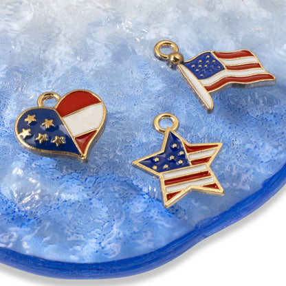 USA Flag Charm Set - 6-Pack Heart, Flag & Star Charms, Patriotic Jewelry, Crafts