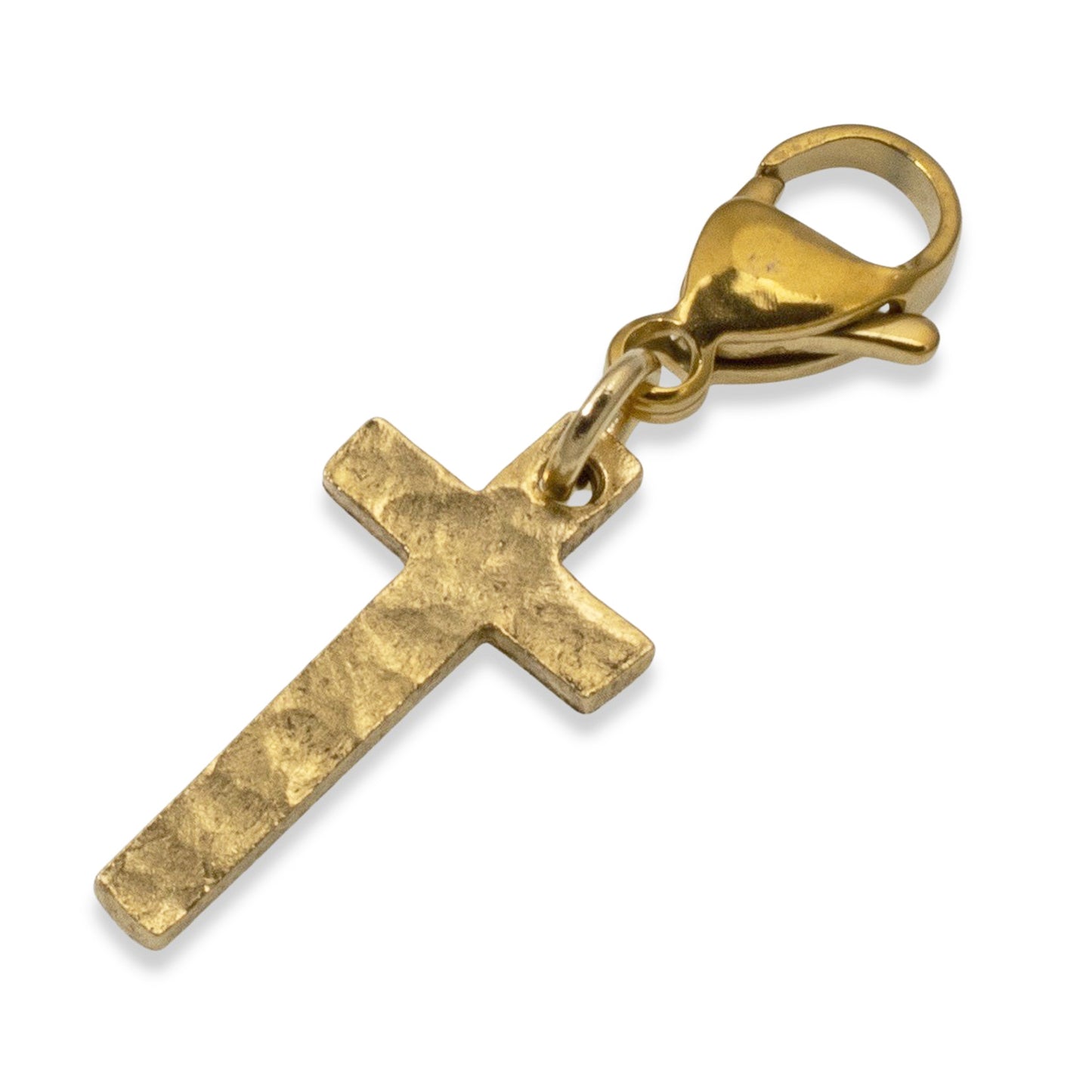 Gold Cross Clip-On Charm: 24k Plated Hammered Finish Religious Pendant Jewelry