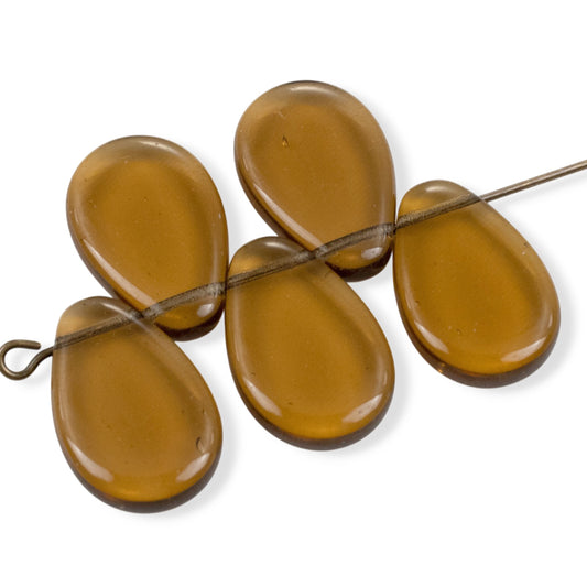 12 Smoke Topaz Czech Glass Teardrop Beads: Tip Drilled 12x18mm Flat Pear Pendant Loose, Warm Neutral Autumn Jewelry Supply