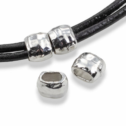 White Bronze Hammered Barrel Crimp Beads: Large Hole Leather Cord Spacers 10-Pack