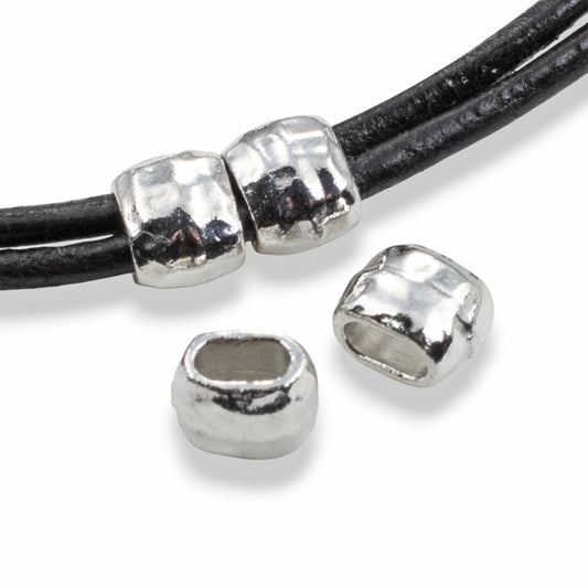 White Bronze Hammered Barrel Crimp Beads: Large Hole Leather Cord Spacers 10-Pack