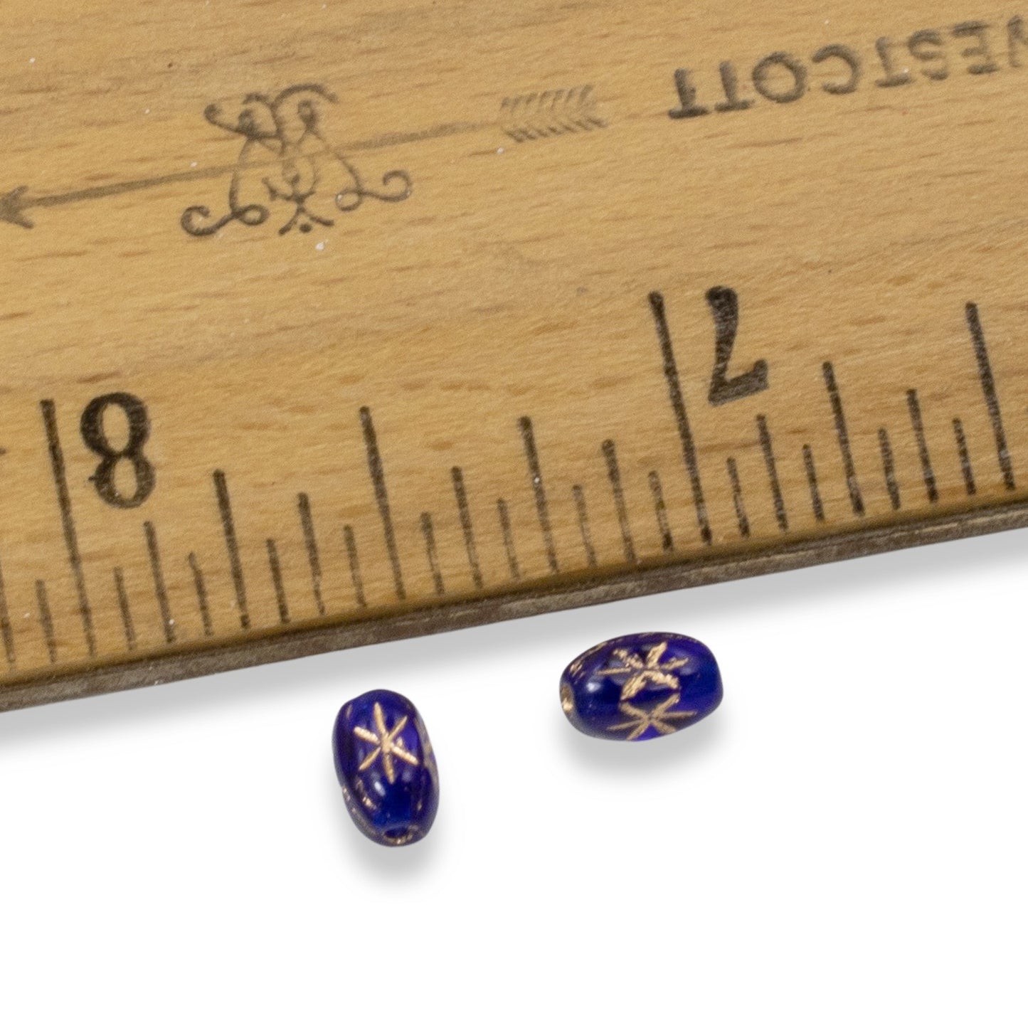 100pcs Cobalt Blue Czech Glass Rice Beads, 6x4mm, Gold Celestial Star Design