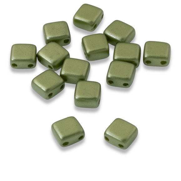 50 Pastel Olivine Tile Mini Beads, 5mm Green Square 2-Hole Czech Glass Beads