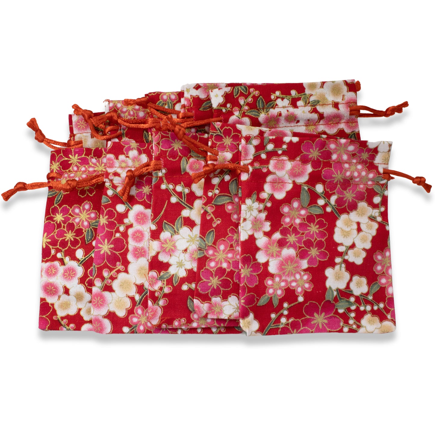 10 Red Floral Fabric Drawstring Bags - Small Cloth Pouches for Jewelry & Gifts