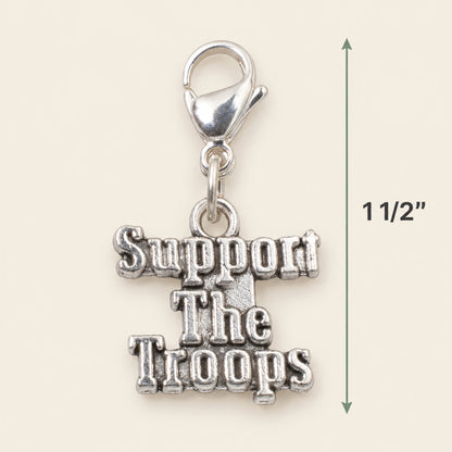 Support the Troops Clip-On Charm, Silver Metal Alloy, Lobster Clasp, 1.5 Inch