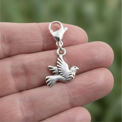 Silver Peace Dove Clip-On Charm, Zipper Pull, Purse Journal Bag Accessory, Christmas Gift, Meaningful Symbol, Stocking Stuffer