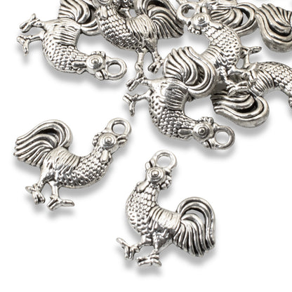 Silver Rooster Charms, 10-Pack Farm Chicken Country Jewelry Making Pendants