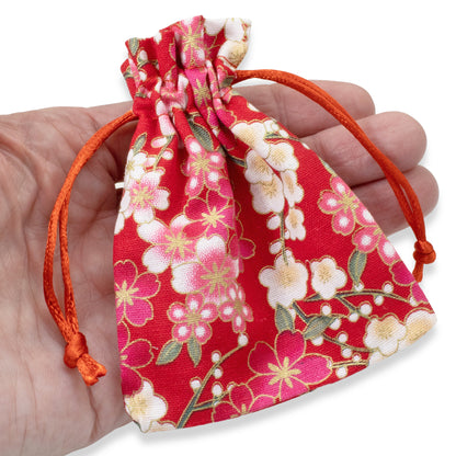 10 Red Floral Fabric Drawstring Bags - Small Cloth Pouches for Jewelry & Gifts