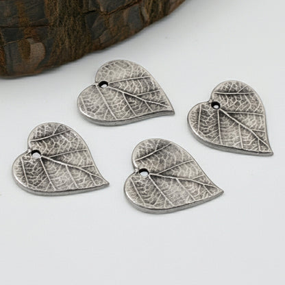 Heart Leaf Charms, 4-Pack Antique Pewter Nature Jewelry Making, Fall Botanical