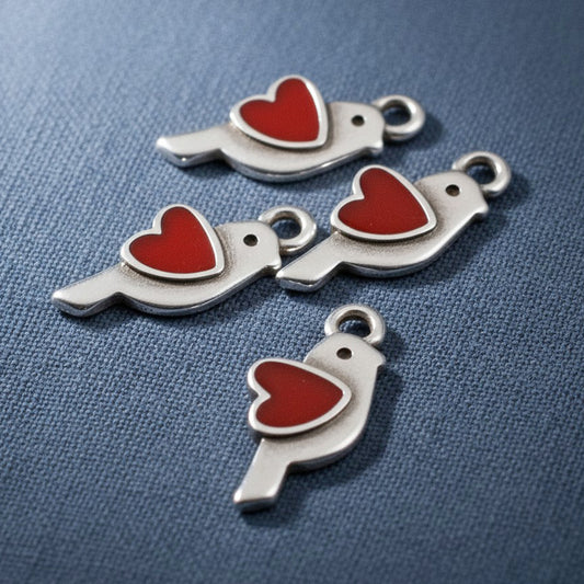 Silver Bird Heart Charms: Antique Silver Red Enamel Martaki Pendant 4-Pack