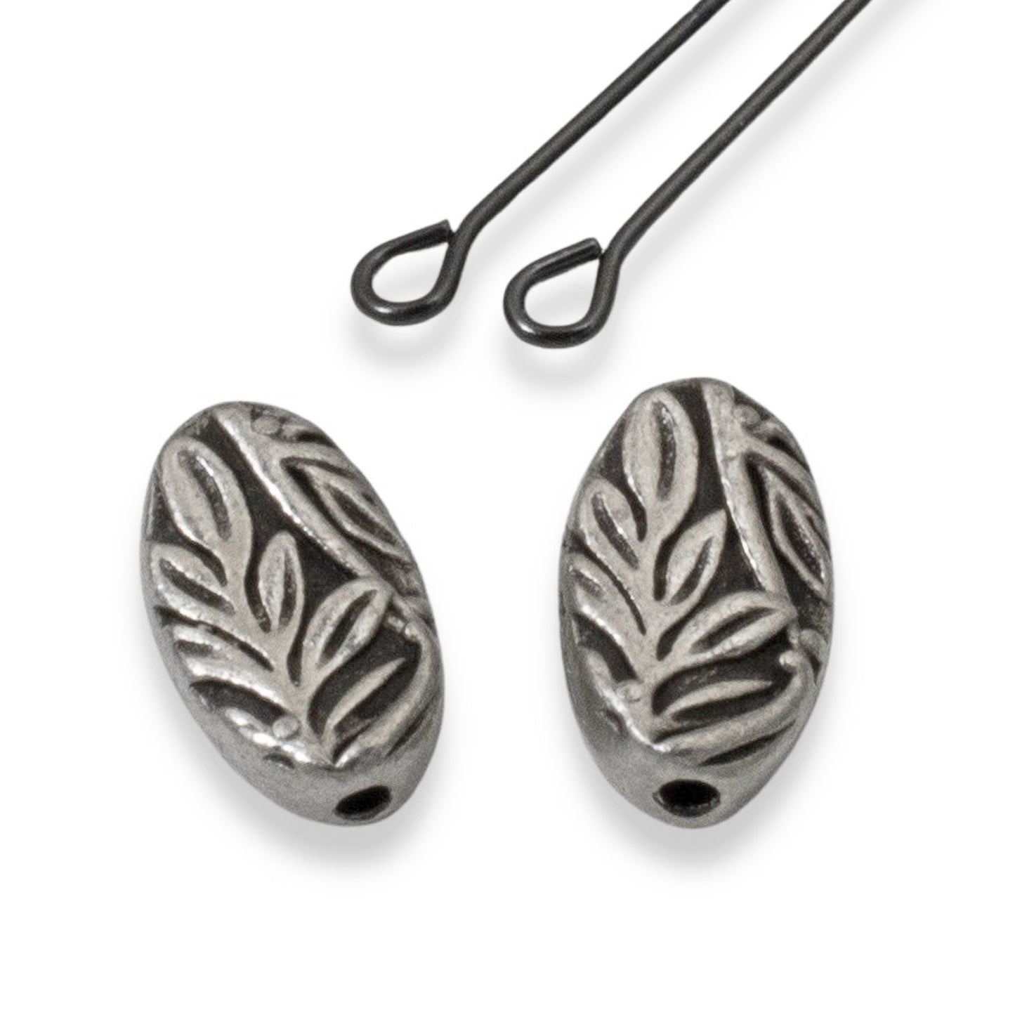 Botanical Leaf Beads 4-Pack, Antique Pewter Oval Beads 8x13mm, Nature Design Spacers