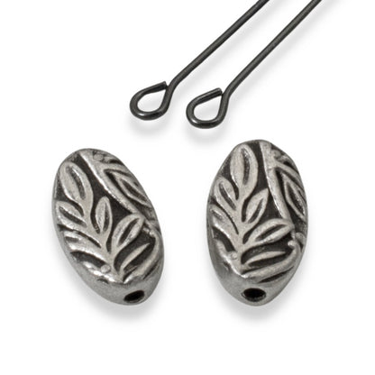 Botanical Leaf Beads 4-Pack, Antique Pewter Oval Beads 8x13mm, Nature Design Spacers